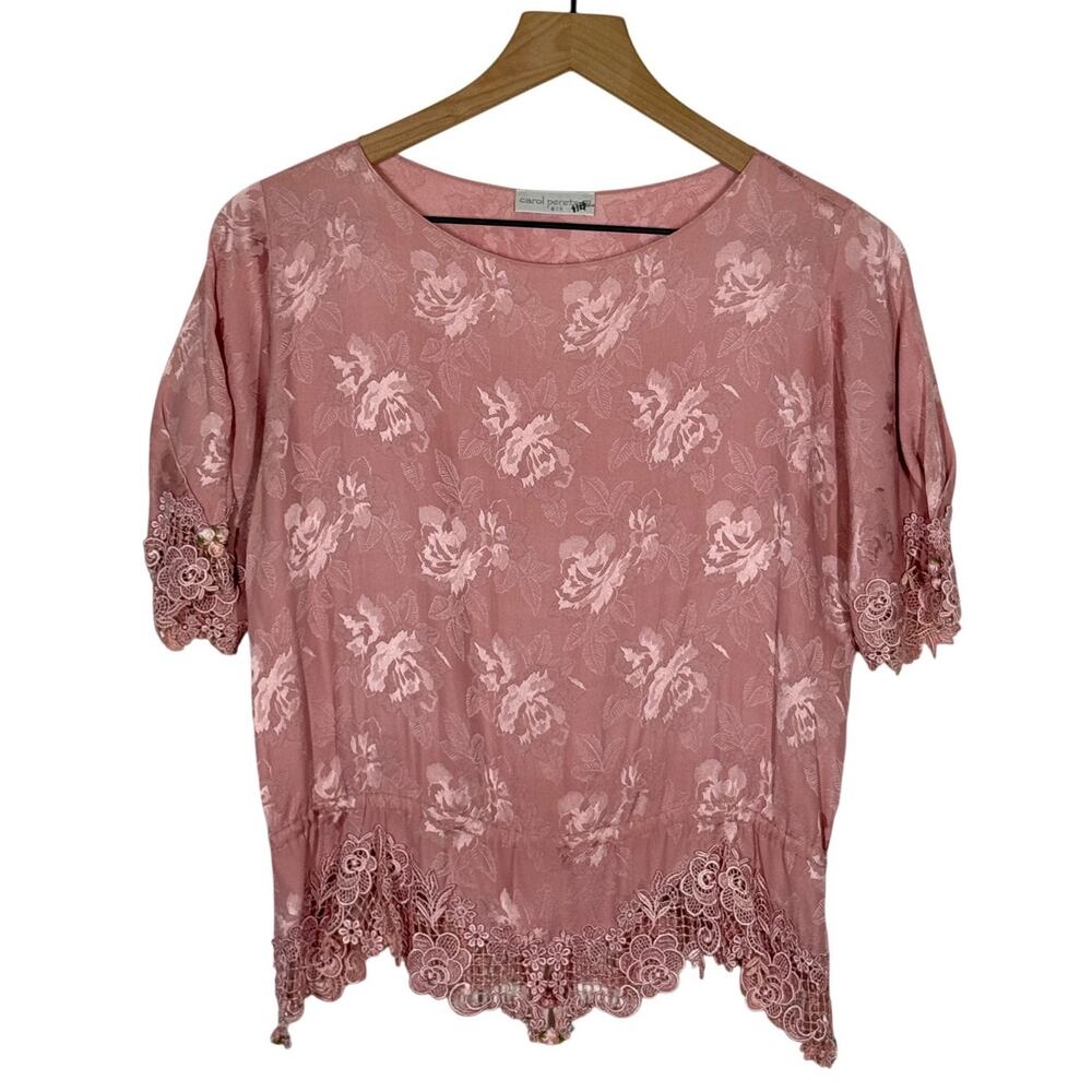 Vintage‎ Carol Peretz Silk Embellished Top Size 4 Pink Floral Coquette Cottage